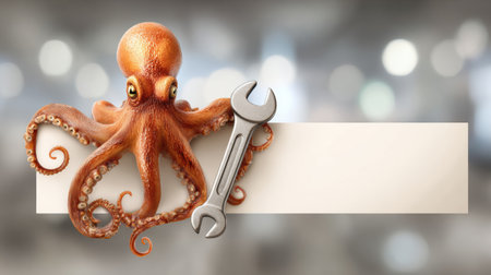 A detailed octopus grips a wrench, showing a creative approach to a repair service banner set against a blurred industrial backdrop.の素材