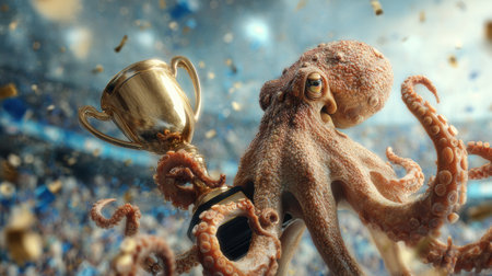 A realistic octopus proudly holds a trophy cup, symbolizing triumph in a sports event, set against a blurred stadium backdrop.の素材