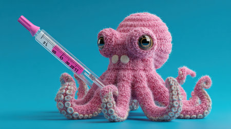 A pink octopus holds a thermometer in its arms, set in a clean and clinical environment showing health monitoring.の素材