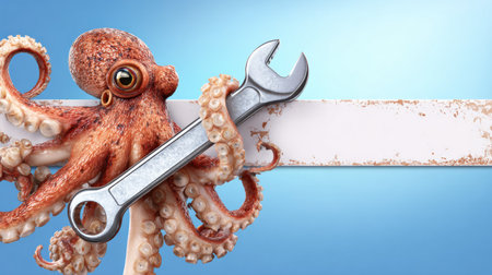 A realistic octopus grips a wrench and nut, symbolizing engineering services in an industrial setting. The background is clean and simple.の素材