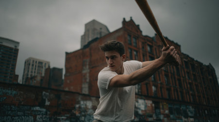 A young man demonstrates his batting skills in a gritty urban environment, surrounded by tall buildings and graffiti, under a cloudy skyの素材