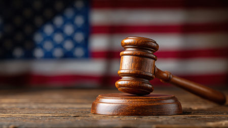 A wooden judges gavel is placed prominently on a wooden surface with the United States flag displayed in the background, symbolizing justice.の素材