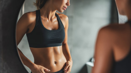 A woman stands in front of a mirror, examining her belly with a focused expression, embodying body transformation and self-reflection.の素材