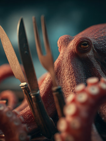 An octopus skillfully holds a steak knife and fork, highlighting a unique blend of sea life and dining culture in a restaurant backdrop.の素材