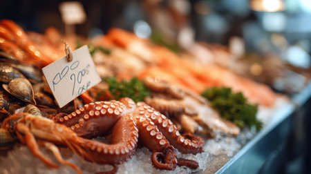A lively seafood market showcases a variety of fresh seafood, with octopus prominently displayed on ice and a large price marker in the background.の素材