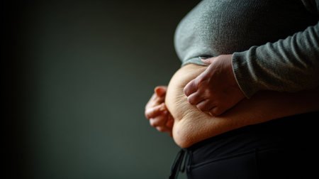 A woman is clearly holding a portion of her belly fat with her hand in a softly lit room, showing a personal moment of reflection.の素材