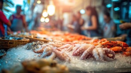 Fresh octopus and seafood are arranged on ice in a bustling market, with customers browsing nearby and a price marker in the background.の素材