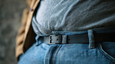 Overweight belly hangs over tight jeans, highlighting challenges with clothing fit and comfort in a relaxed indoor environment.の素材
