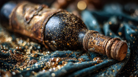 A vintage bottle rests on deep green velvet, sprinkled with sparkling gold dust, creating an elegant ambiance.の素材