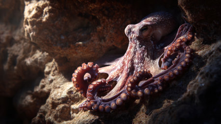 A wild octopus moves gracefully across a coral rock, blending with shadows in an underwater scene, highlighting its natural beauty and habitat.の素材