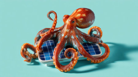 A colorful octopus sits atop a solar panel, showcasing renewable energy amidst a soothing green-blue background that highlights sustainability.の素材