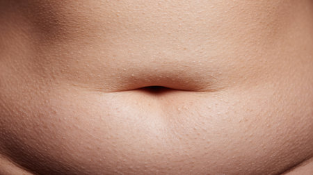 Belly fat fold is being squeezed from a top-down perspective, showing detailed skin texture and pores against a neutral backdrop.の素材