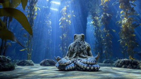 Monk octopus peacefully meditates in a tranquil kelp temple, illuminated by soft, glowing light in the deep ocean.の素材
