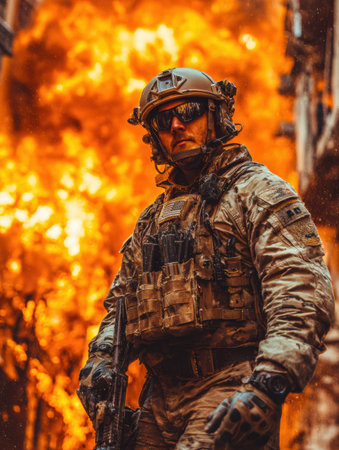 Soldier stands confidently in combat gear, intense facing flames while on a critical operation in a war zone.の素材