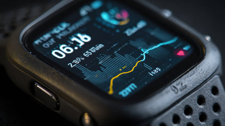 Digital overlay of a health tracker shows heart rate and activity metrics for fitness monitoring in a soothing aesthetic.の素材