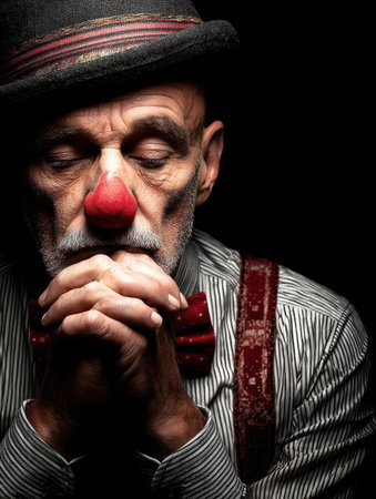 A sad man dressed as a clown sits in a dark space, with his hands clasped together and eyes closed, conveying deep reflection and sorrow.の素材