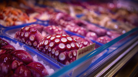 Fresh octopus arranged on ice at a seafood market, highlighted by a soft blur price marker above, showing vibrant colors and textures.の素材
