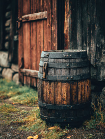 A rustic wooden barrel rests beside a weathered barn, evoking a warm countryside feel with natural charm and tranquility.の素材