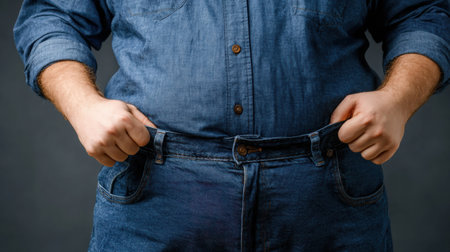 A person is holding the waistband of tight jeans while their belly hangs over, illustrating challenges with clothing fit in everyday life.の素材