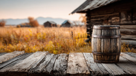 A rustic wooden barrel sits on a weathered wooden surface in front of an old barn, creating a warm atmosphere in the countryside during sunset.の素材