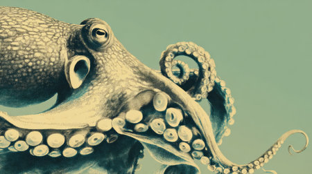 Art depicts a vintage-style octopus in muted aqua and ochre colors, framed by a blank banner area for personal messages or titles.の素材