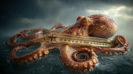 A realistic octopus grips a weather thermometer in turbulent ocean waters, highlighting climate change during a fierce storm.の素材