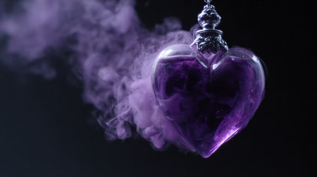 A heart-shaped cloud of purple smoke flows from an ornate potion bottle, creating a magical and mystical atmosphere in a marketing setup.の素材