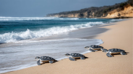 Small turtles make their way to the sea along a sandy shore, enjoying the warmth of a sunny day. Waves gently lap at the beach.の素材