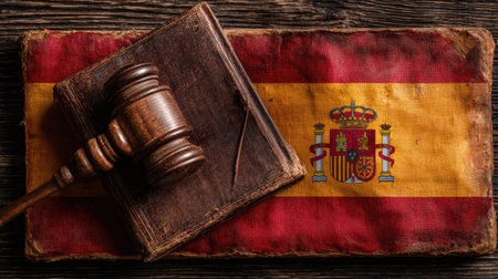 A wooden judges gavel is placed on an old book next to the textured Spanish flag on a rustic wooden table.の素材