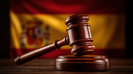 A wooden judges gavel and block are set against a backdrop of the Spanish flag, representing law and justice in Spain.の素材
