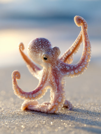 A yoga octopus performs a stretching pose on the sandy beach with gentle seaside light illuminating its vibrant colors.の素材