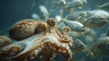 A young octopus engages with a lively school of fish in clear ocean waters, capturing a spontaneous moment of marine life interaction.の素材