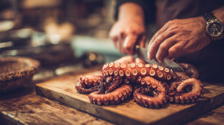 A skilled sushi chef slices a giant octopus on a wooden board, showcasing traditional methods in a lively kitchen atmosphere.の素材