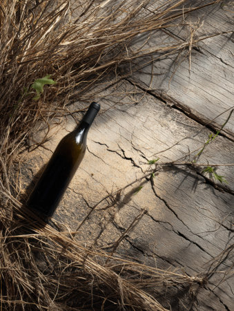 A dark wine bottle sits on a cracked wooden table, embraced by dry straw, showcasing a rustic and natural scene in soft light.の素材