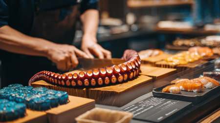 A skilled sushi chef slices a giant octopus while surrounded by various sushi types in a vibrant, artisanal restaurant setting.の素材