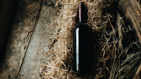 A wine bottle is placed on a rustic, cracked wooden table, with golden straw creating a warm and inviting setting.の素材