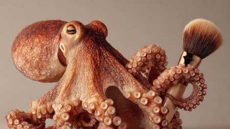 An octopus creatively holds a makeup brush, showcasing a playful yet artistic approach to beauty advertising.の素材