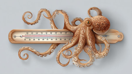 A detailed octopus grips a thermometer, symbolizing climate awareness amid a backdrop of stormy weather conditions.の素材