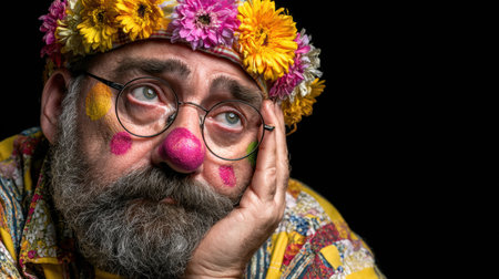 A sad man dressed as a clown sits against a black background, conveying emotions of loneliness and reflection through his expression and attire.の素材