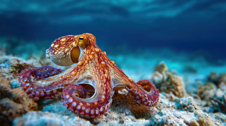 Colorful wild octopus moves gracefully over a coral reef in clear natural light, showing the beauty of underwater ecosystems.の素材