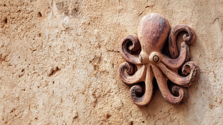 Terracotta clay octopus sculpture is mounted on a textured surface, creating an artisan feel in a serene setting with a blank wall.の素材