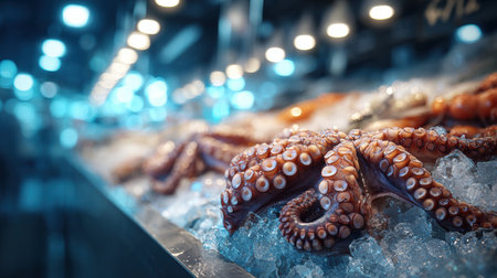 Colorful octopus on ice is showcased at a seafood market, emphasizing freshness amid lively market activity and bright overhead lights.の素材