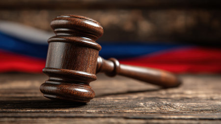 A wooden judges gavel rests on a rustic wooden surface with the Russian flag blurred in the background, symbolizing justice and governance.の素材