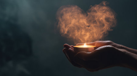 Hands gently blow heart-shaped smoke from a candle, filling the space with a warm, romantic glow amidst a dark atmosphere.の素材