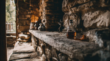 Warm earthy tones highlight a rustic stone wall with a bottle perched on a ledge, creating an inviting atmosphere in a cozy setting.の素材