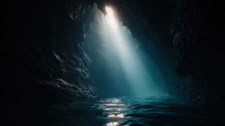 Beneath the surface, a mysterious underwater cave reveals a faint octopus silhouette, beautifully lit by beams of light filtering through the water.の素材