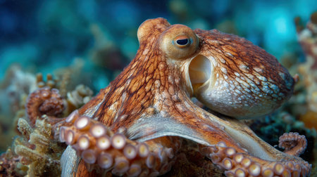 A cute octopus with a joyful expression soaks in warm ocean springs surrounded by colorful coral and clear blue water.の素材