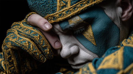 Clown expresses sadness through face paint and attire, highlighting deep emotions in a stark black environment.の素材