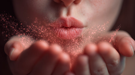 Delicate kiss particles glow softly as they flow from fingertips, creating an airy scene filled with pastel hues and light.の素材