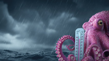 A bright octopus grips a weather thermometer while dark storm clouds gather, highlighting the urgent need for climate action.の素材